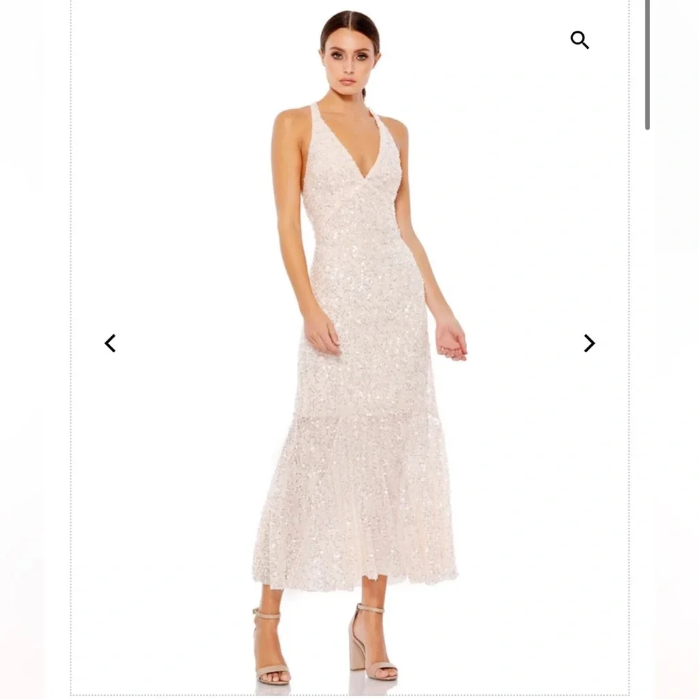 Mac Duggal V-NECK SEQUINED HALTER MIDI DRESS - Picture 1 of 5